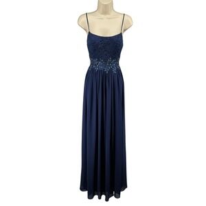 City Triangles Navy Lace Applique Beaded Prom Dress Maxi Gown Small 5 7